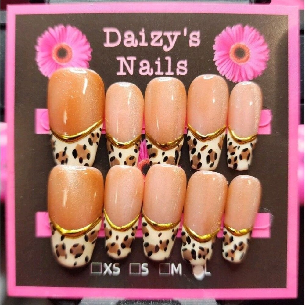 Large Size Press-on Nail 10Pc Set Handmade Coffin Cheetah French 2.5 Cm Length